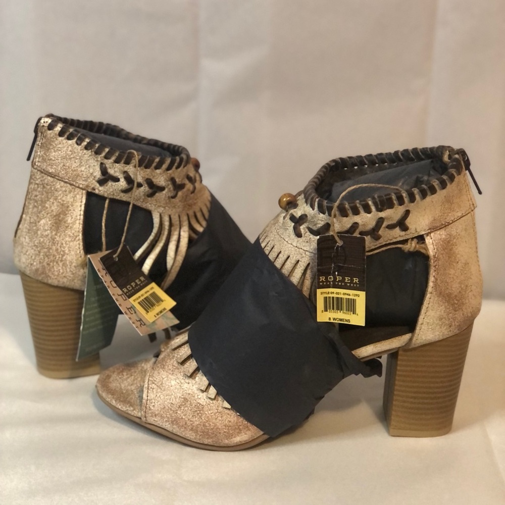 Roper Bettina Fashion Leather Open Toe Sandal Vintage Beige Suede Tan Fringe New - Picture 2 of 9